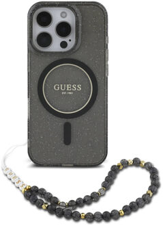 Guess MagSafe IML Glitter Case met beads strap voor de Apple iPhone 16 Pro - Zwart