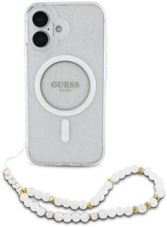 Guess MagSafe IML Glitter Case met beads strap voor de Apple iPhone 16 - Transparent Transparant