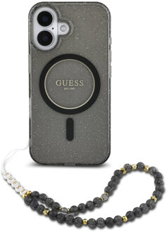 Guess MagSafe IML Glitter Case met beads strap voor de Apple iPhone 16 - Zwart