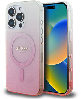 Guess MagSafe IML Glitter Gradient Case voor de Apple iPhone 16 Pro - Pink Roze