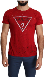 Guess Rode Katoenen Ronde Hals T-shirt Italië Guess , Red , Heren - Xl,L,M
