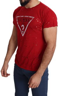 Guess Rood Katoen Logo Print Heren Vrijetijdskleding Geperforeerd T-shirt