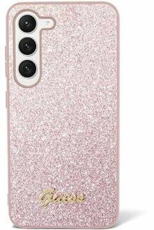 Guess Samsung Galaxy S24 Guess Glitter Flakes Metal Logo Hybride Hoesje - Roze