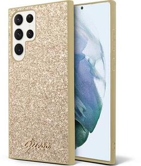 Guess Samsung Galaxy S24 Ultra Guess Glitter Flakes Metal Logo Hybride Hoesje - Goud