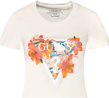 Guess Stretch T-Shirt Met Bloemenlogo Crème - XS