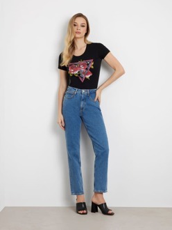 Guess Stretch T-Shirt Met Bloemenlogo Zwart - S