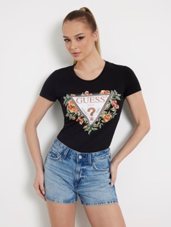 Guess Stretch T-Shirt Met Bloemenlogo Zwart - XS