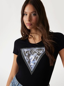 Guess T-Shirt Driehoek Logo Bloemen Zwart - S