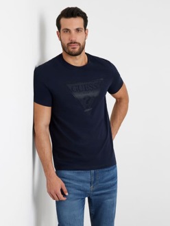 Guess T-Shirt Driehoek Logo Print Voorkant Blauw