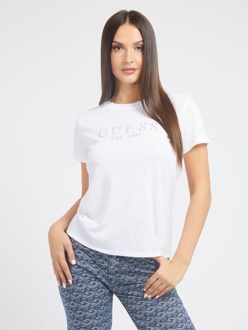 Guess T-Shirt Logo Strasstenen Voorkant Wit - XL