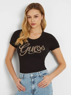 Guess T-Shirt Met Logo Met Stras Voorkant Zwart