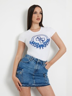Guess T-Shirt Met Pailletten Logo Voorkant Wit - XS