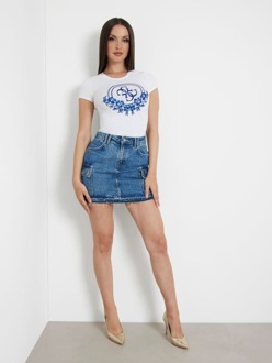 Guess T-Shirt Met Pailletten Logo Voorkant Wit - XS