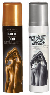 Guirca Haarspray/bodypaint spray - 2x kleuren - goud en zilver - 75 ml - Verkleedhaarkleuring Multikleur