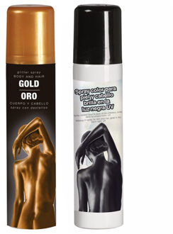 Guirca Haarspray/bodypaint spray - 2x kleuren - goud en zwart - 75 ml - Verkleedhaarkleuring Multikleur