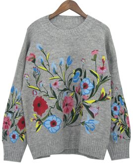 [GUTU] Koreaanse Herfst winter mode effen kleur ronde kraag volledige mouw losse geborduurde trui vrouwen V74702 grijs