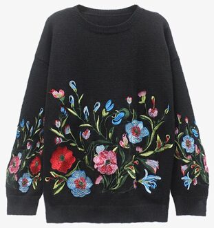 [GUTU] Koreaanse Herfst winter mode effen kleur ronde kraag volledige mouw losse geborduurde trui vrouwen V74702 zwart