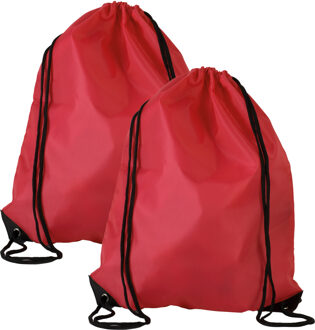 Gymtas met rijgkoord - 2x - rood - 34 x 44 cm - 11L - sport draagtas - polyester - verstevigde hoeke