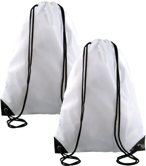 Gymtas met rijgkoord - 2x - wit - 34 x 44 cm - 11L - sport draagtas - polyester - verstevigde hoeken