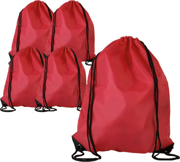 Gymtas met rijgkoord - 5x - rood - 34 x 44 cm - 11L - sport draagtas - polyester - verstevigde hoeke