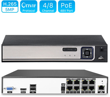 H.264 4CH or 8CH CCTV NVR 48V PoE 4*5MP/ 8*4MP Surveillance Security Video Recorder ONVIF IP Camera Motion Detect PoE NVR P2P