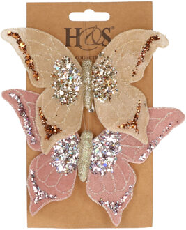 H&S Collection 2x stuks kunststof decoratie vlinders op clip roze en beige 10 x 15 cm - Kunstbloemen