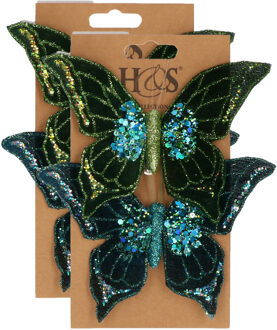 H&S Collection 4x stuks kunststof decoratie vlinders op clip groen/blauw 10 x 15 cm - Kunstbloemen