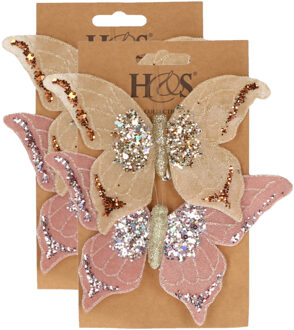 H&S Collection 4x stuks kunststof decoratie vlinders op clip roze en beige 10 x 15 cm - Kunstbloemen