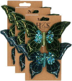 H&S Collection 6x stuks kunststof decoratie vlinders op clip groen/blauw 10 x 15 cm - Kunstbloemen