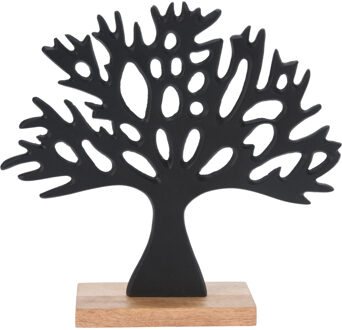 H&S Collection Decoratie levensboom - Tree of Life - aluminium/mango hout - 27 x 25 cm - zwart
