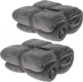 H&S Collection Fleece dekens/plaids - 2x - donkergrijs - 180 x 230 cm