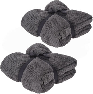 H&S Collection Fleece dekens/plaids - 2x - grijs - 130 x 170 cm