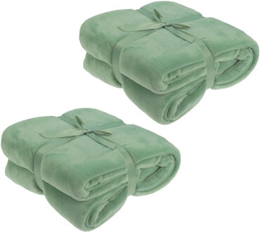H&S Collection Fleece dekens/plaids - 2x - groen - 180 x 230 cm