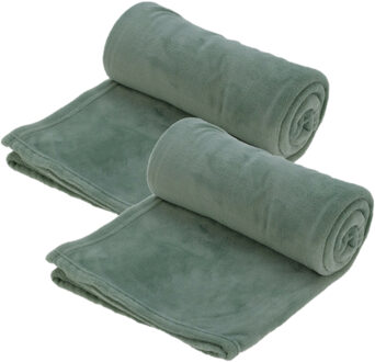 H&S Collection Fleece dekens/plaids - 2x - olijfgroen - 125 x 150 cm