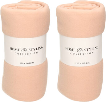 H&S Collection Fleece dekentje - 2x - polyester stof - lichtroze - 130 x 160 cm