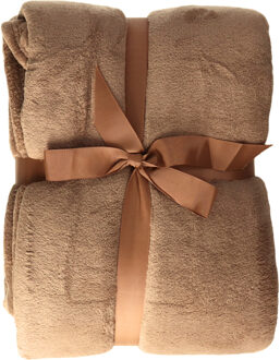 H&S Collection Fleece dekentje - bruin - 180 x 230 cm - polyester - deken - plaid - bankdeken