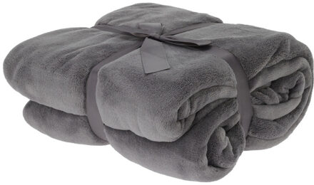 H&S Collection Fleece dekentje - donkergrijs - 180 x 230 cm - polyester - deken - plaid - bankdeken