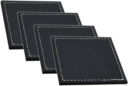 H&S Collection Glazen onderzetters - 12x stuks - zwart - kunstleder - 10 cm