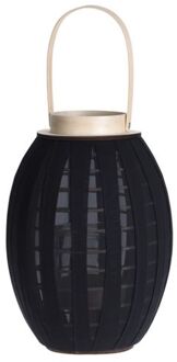 H&S Collection Houten kaarsenhouder / lantaarn met stof zwart 34 cm - Lantaarns
