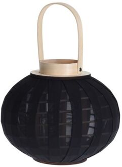 H&S Collection Houten theelichthouder / lantaarn met stof zwart 21 cm - Lantaarns