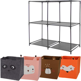 H&S Collection Kastmandjes/opberg mandjes - 4x stuks van 29L - Dieren gezicht prints - In rekje 68 x 68 cm