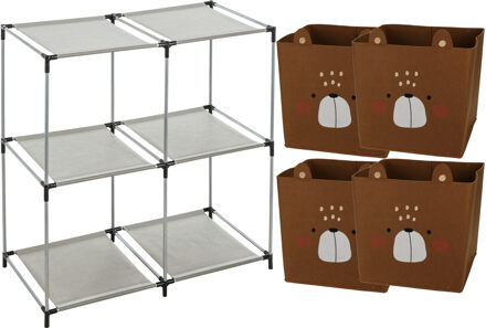 H&S Collection Kastmandjes/opberg mandjes - beren print - bruin - 4x stuks van 29L - In rekje van 68 x 68 cm