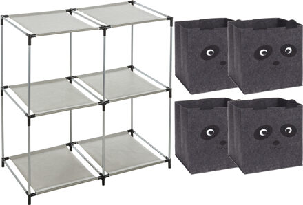 H&S Collection Kastmandjes/opberg mandjes - panda print - grijs - 4x stuks van 29L - In rekje van 68 x 68 cm