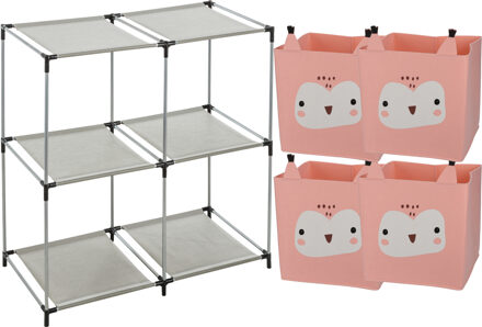 H&S Collection Kastmandjes/opberg mandjes - uilen print - roze - 4x stuks van 29L - In rekje van 68 x 68 cm