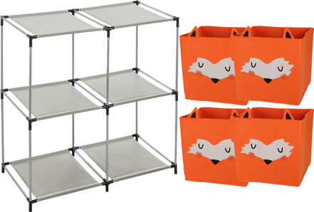 H&S Collection Kastmandjes/opberg mandjes - vossen print - oranje - 4x stuks van 29L - In rekje van 68 x 68 cm - Opbergmanden