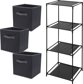 H&S Collection Kastmandjes/opberg mandjes - zwart - 3x stuks van 29 Liter - In rekje van 34 x 98 cm