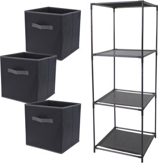 H&S Collection Kastmandjes/opberg mandjes - zwart - 3x stuks van 29 Liter - In rekje van 34 x 98 cm