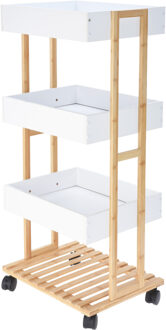 H&S Collection Keukentrolley - 32 x 32 x 82 cm - wit - bamboe hout - badkamer trolley