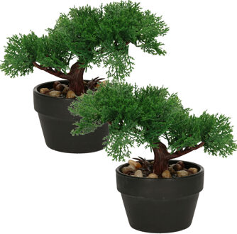 H&S Collection Kunstplant Bonsai boompje in pot - 2x - Japans decoratie - 19 cm - Type Moss - Kunstplanten Groen