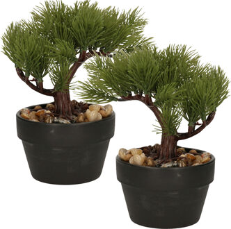 H&S Collection Kunstplant Bonsai boompje in pot - 2x - Japans decoratie - 19 cm - Type Needle - Kunstplanten Groen